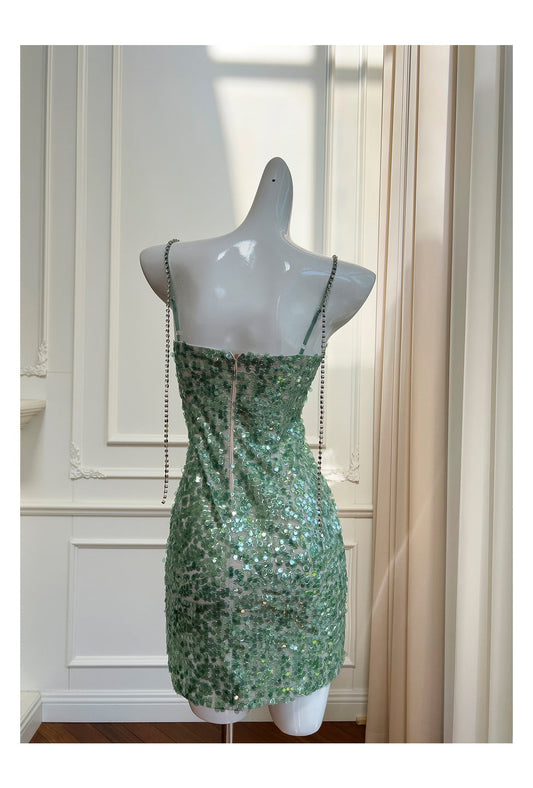 Modest Sheath Spaghetti Straps Sequin Green Formal 8th Grade Homecoming Dresses Middle School Short Birthday Gowns Graduation Dress Hoco Outfits DH2106