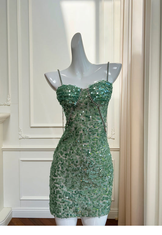 Modest Sheath Spaghetti Straps Sequin Green Formal 8th Grade Homecoming Dresses Middle School Short Birthday Gowns Graduation Dress Hoco Outfits DH2106