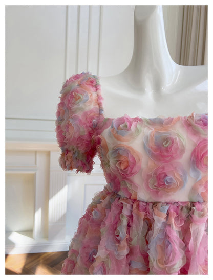 Vestido de fiesta único con escote cuadrado, floral, rosa, corto, formal, para octavo grado, vestido de cóctel corto para secundaria, trajes Hoco DH2115