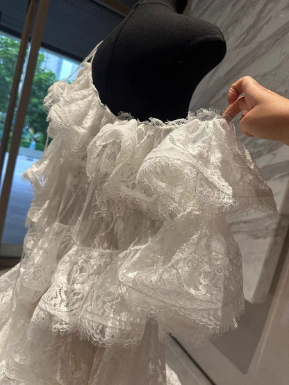 Vestido de princesa con hombros descubiertos, de encaje blanco, corto, minivestido formal para octavo grado, vestido de cóctel corto para secundaria, Hoco Outfits DH2118