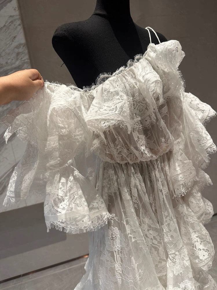 Vestido de princesa con hombros descubiertos, de encaje blanco, corto, minivestido formal para octavo grado, vestido de cóctel corto para secundaria, Hoco Outfits DH2118
