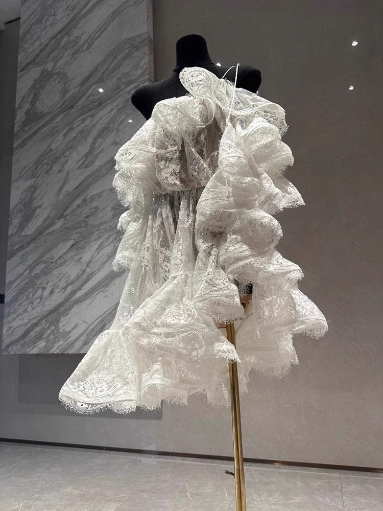 Vestido de princesa con hombros descubiertos, de encaje blanco, corto, minivestido formal para octavo grado, vestido de cóctel corto para secundaria, Hoco Outfits DH2118