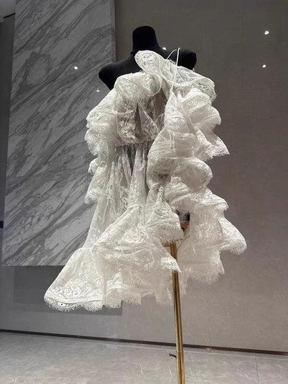 Vestido de princesa con hombros descubiertos, de encaje blanco, corto, minivestido formal para octavo grado, vestido de cóctel corto para secundaria, Hoco Outfits DH2118