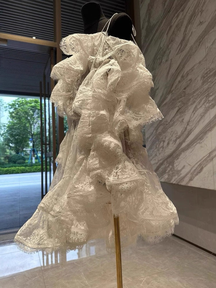 Vestido de princesa con hombros descubiertos, de encaje blanco, corto, minivestido formal para octavo grado, vestido de cóctel corto para secundaria, Hoco Outfits DH2118