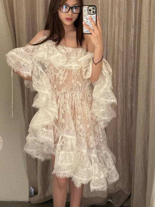 Vestido de princesa con hombros descubiertos, de encaje blanco, corto, minivestido formal para octavo grado, vestido de cóctel corto para secundaria, Hoco Outfits DH2118