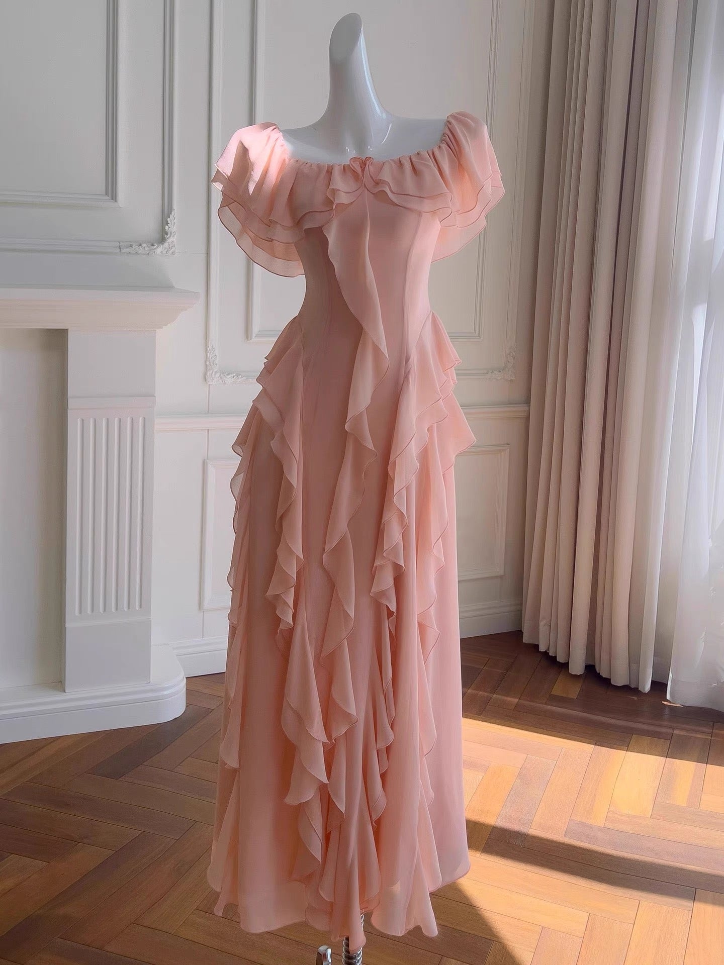Vestido de fiesta largo de gasa rosa ruborizado con hombros descubiertos, sexy, corte A, para cumpleaños número 20, DH2119