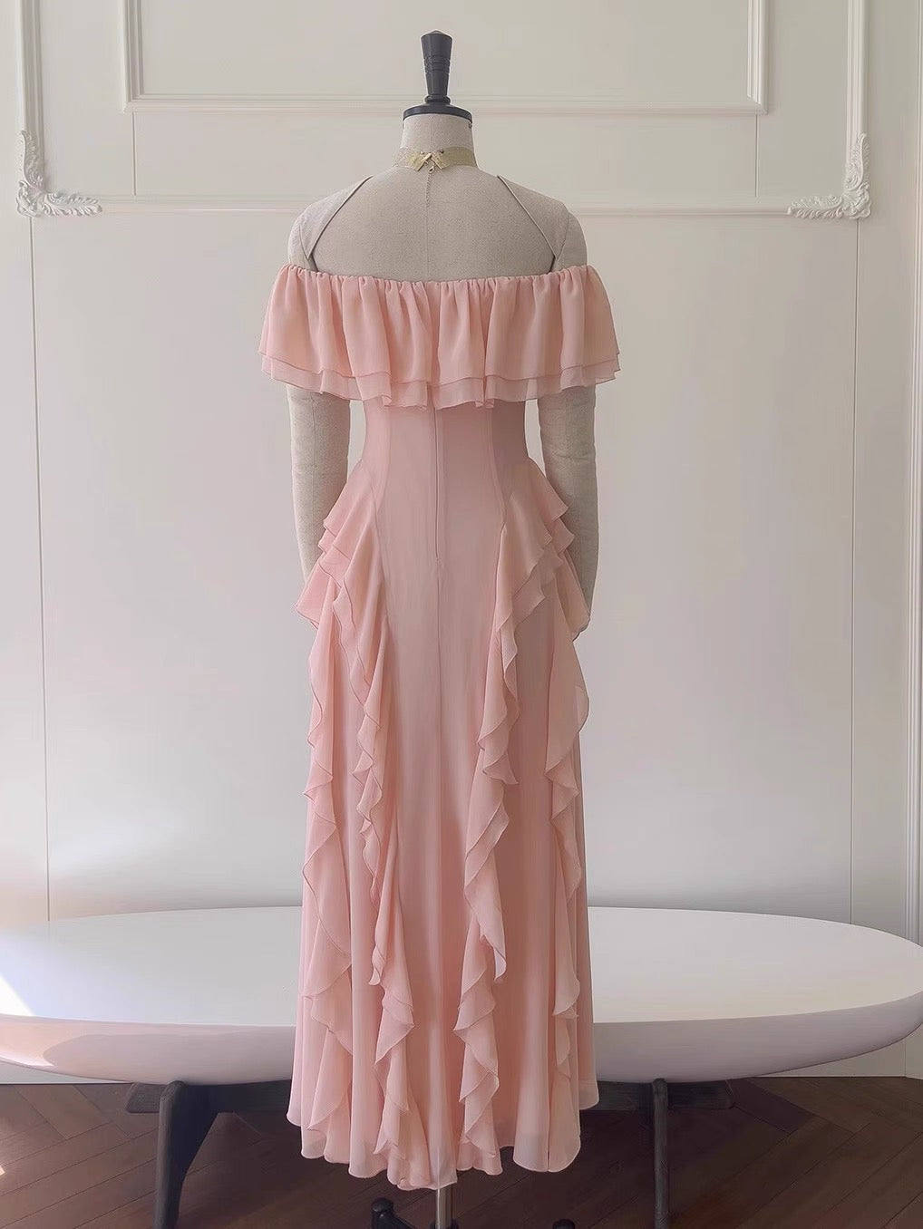 Vestido de fiesta largo de gasa rosa ruborizado con hombros descubiertos, sexy, corte A, para cumpleaños número 20, DH2119