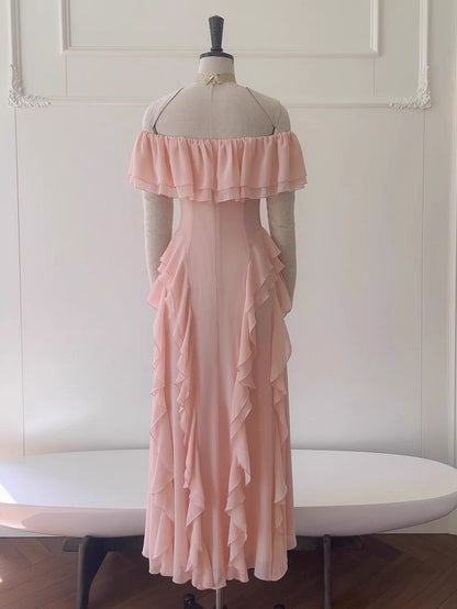 Vestido de fiesta largo de gasa rosa ruborizado con hombros descubiertos, sexy, corte A, para cumpleaños número 20, DH2119