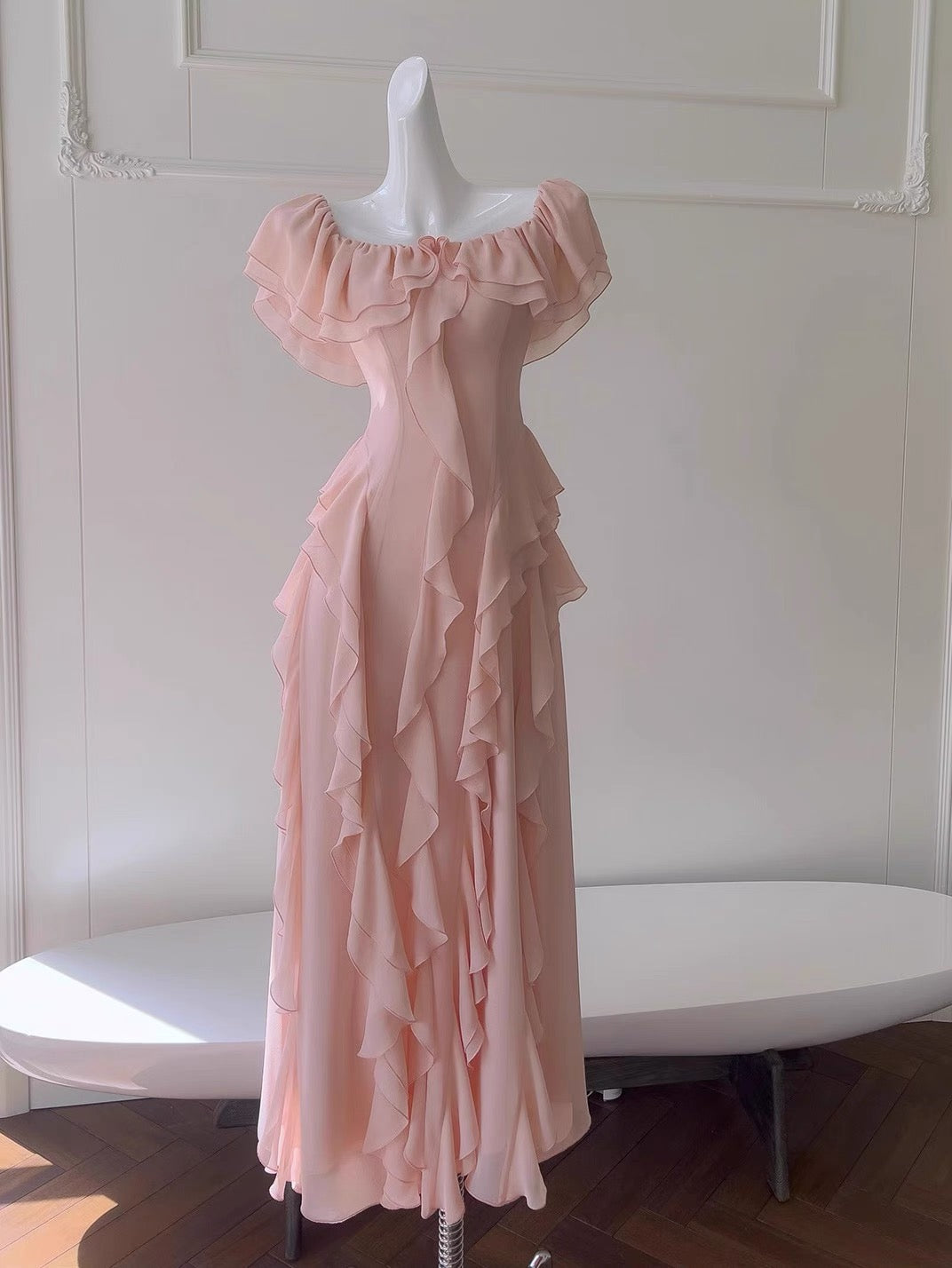 Vestido de fiesta largo de gasa rosa ruborizado con hombros descubiertos, sexy, corte A, para cumpleaños número 20, DH2119
