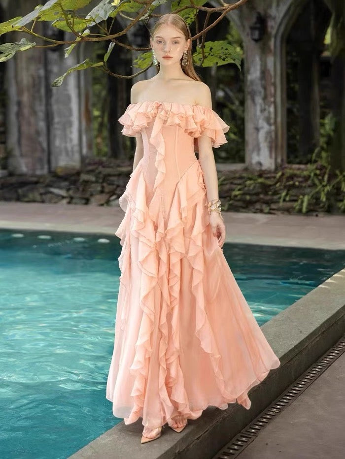 Vestido de fiesta largo de gasa rosa ruborizado con hombros descubiertos, sexy, corte A, para cumpleaños número 20, DH2119