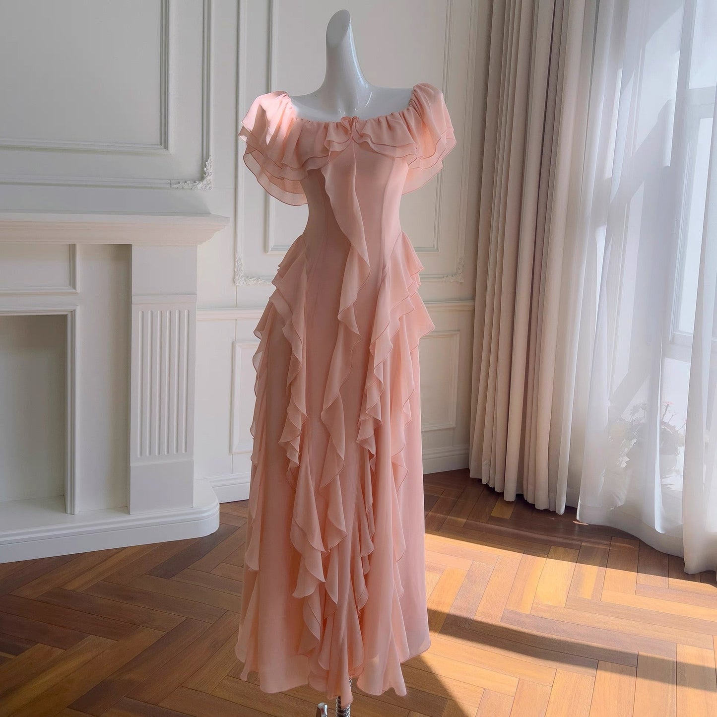 Vestido de fiesta largo de gasa rosa ruborizado con hombros descubiertos, sexy, corte A, para cumpleaños número 20, DH2119