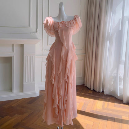 Vestido de fiesta largo de gasa rosa ruborizado con hombros descubiertos, sexy, corte A, para cumpleaños número 20, DH2119