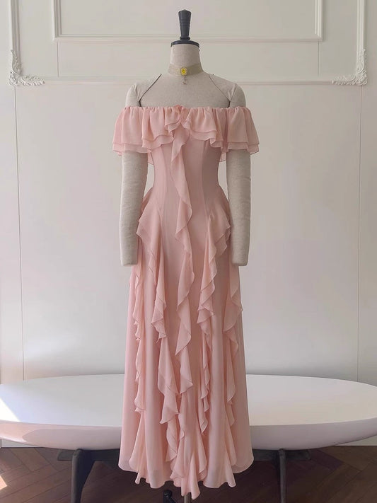 Vestido de fiesta largo de gasa rosa ruborizado con hombros descubiertos, sexy, corte A, para cumpleaños número 20, DH2119