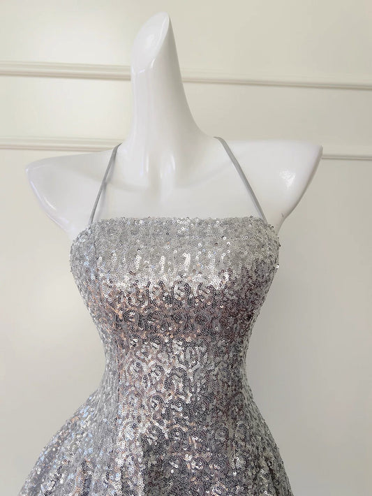 Sexy Ball Gown Halter Sequin Silver Backless Short Mini Formal 8th Grade Homecoming Dresses Middle School Short Birthday Gowns Graduation Dress Hoco Outfits DH2121