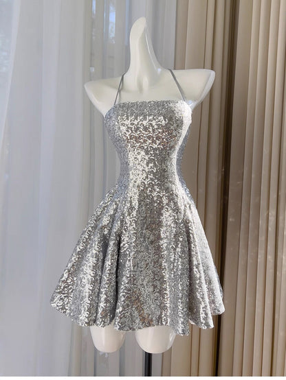 Sexy Ball Gown Halter Sequin Silver Backless Short Mini Formal 8th Grade Homecoming Dresses Middle School Short Birthday Gowns Graduation Dress Hoco Outfits DH2121