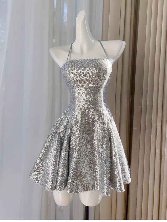 Sexy Ball Gown Halter Sequin Silver Backless Short Mini Formal 8th Grade Homecoming Dresses Middle School Short Birthday Gowns Graduation Dress Hoco Outfits DH2121