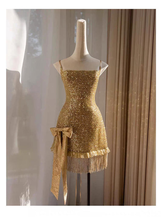 Modest Sheath Spaghetti Straps Gold Sequin Formal 8th Grade Homecoming Dresses Middle School Short Birthday Gowns Graduation Dress Hoco Outfits DH2123