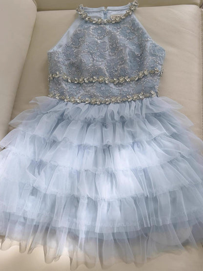 Vestido de fiesta de tul azul cielo claro con escote joya, corte A, corte en A, para 8.º grado, para regreso a casa, corto, para estudiantes de secundaria, para cumpleaños número 18, vestido de graduación, Hoco Dresses DH2199