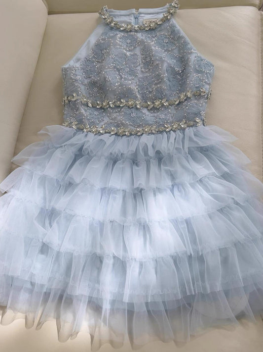 Vestido de fiesta de tul azul cielo claro con escote joya, corte A, para octavo grado, para escuela secundaria, corto, para cumpleaños número 18, para graduación, Hoco Dresses DH2130
