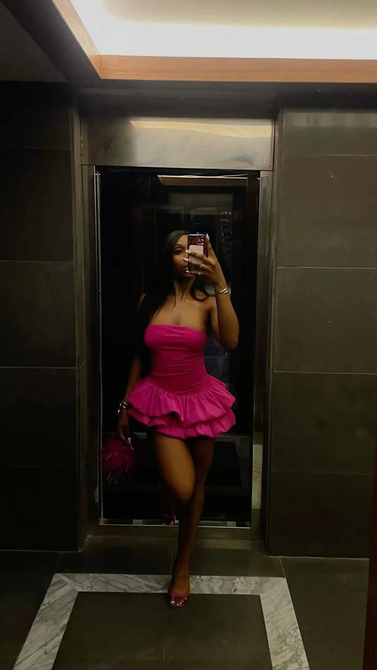 Vestido corto de fiesta rosa fucsia, sin tirantes, corte A, para graduación, cóctel, DH2156
