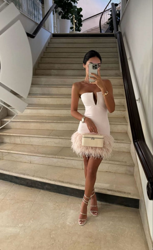 Vestido corto ajustado rosa claro, sin tirantes, con plumas, para cóctel, graduación, DH2159