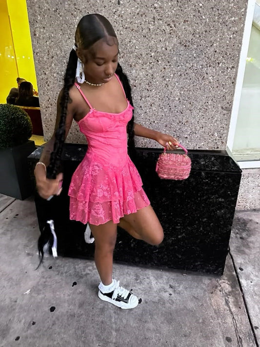 Vestido corto formal de encaje rosa con tirantes finos y corte A para regreso a casa, ideal para estudiantes de secundaria, para cumpleaños número 21, para graduación y cóctel DH2161