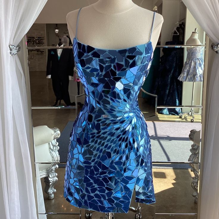 Vestido corto ajustado de fiesta con tirantes finos, lentejuelas azul rey, para cóctel o graduación, DH2172