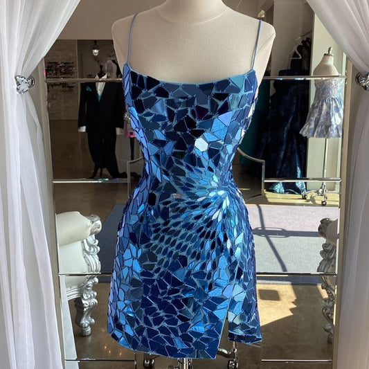 Vestido corto ajustado de fiesta con tirantes finos, lentejuelas azul rey, para cóctel o graduación, DH2172
