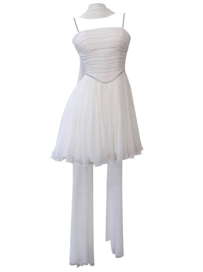 Vestido corto de fiesta de gasa blanca con tirantes finos, corte A, para graduación, para estudiantes de secundaria, para cumpleaños número 19, DH2182