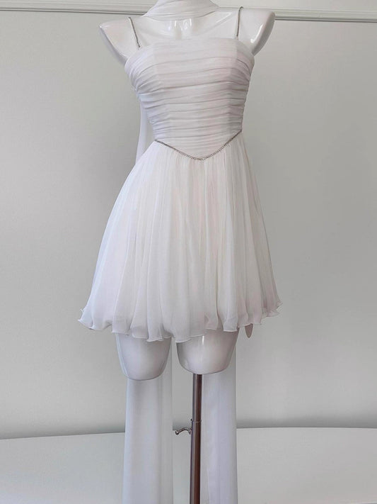Vestido corto de fiesta de gasa blanca con tirantes finos, corte A, para graduación, para estudiantes de secundaria, para cumpleaños número 19, DH2182