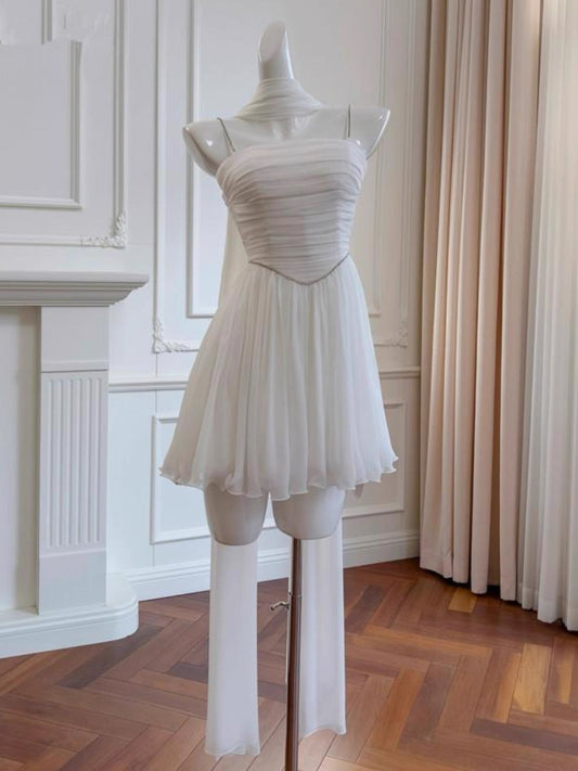 Vestido corto de fiesta de gasa blanca con tirantes finos, corte A, para graduación, para estudiantes de secundaria, para cumpleaños número 19, DH2182