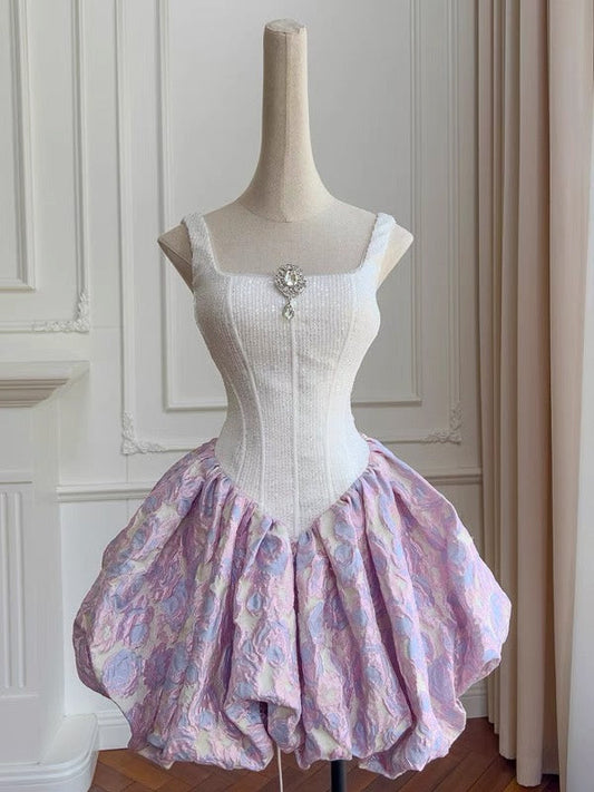 Hermoso vestido de fiesta con escote cuadrado, estampado floral lila, satén, vestido formal de regreso a casa, vestido corto para estudiantes de secundaria, vestido de graduación para cumpleaños número 21, minivestido de cóctel DH2185