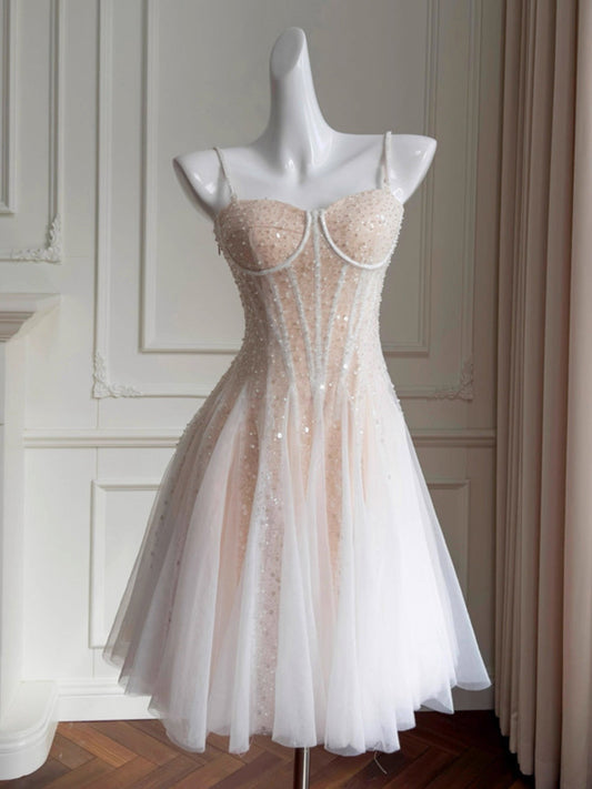 Vestido corto de fiesta de tul color champán con tirantes finos, corte A, para graduación, para 17.º cumpleaños, Hoco Dresses DH2193