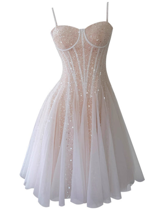 Vestido corto de fiesta de tul color champán con tirantes finos, corte A, para graduación, para 17.º cumpleaños, Hoco Dresses DH2193