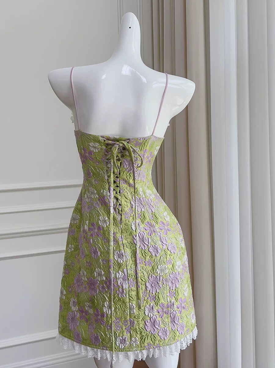 Vestido corto de fiesta con estampado floral, corte A, tirantes finos, para graduación, para 17.º cumpleaños, Hoco Dress DH2194