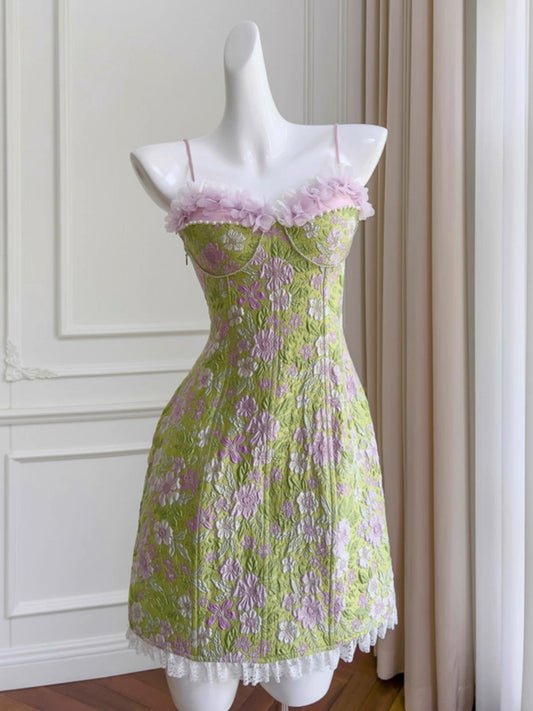 Vestido corto de fiesta con estampado floral, corte A, tirantes finos, para graduación, para 17.º cumpleaños, Hoco Dress DH2194