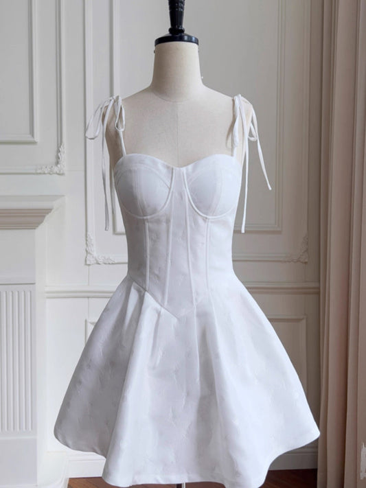 Vestido corto de satén blanco con tirantes finos, corte A, para fiesta de bienvenida, para graduación, para cumpleaños número 20, para cóctel, DH2197