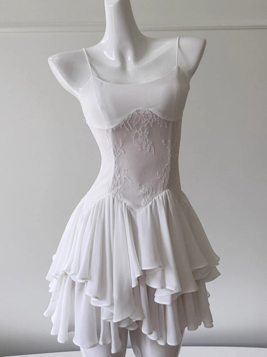 Vestido corto de gasa blanca con tirantes finos, corte A, para fiesta de bienvenida, para graduación, para cumpleaños número 20, para cóctel, DH2198