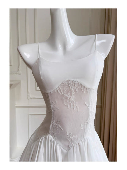 Vestido corto de gasa blanca con tirantes finos, corte A, para fiesta de bienvenida, para graduación, para cumpleaños número 20, para cóctel, DH2198
