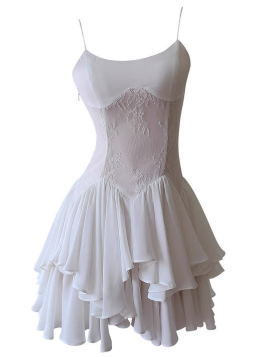 Vestido corto de gasa blanca con tirantes finos, corte A, para fiesta de bienvenida, para graduación, para cumpleaños número 20, para cóctel, DH2198