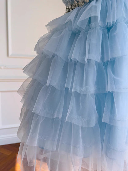Vestido de fiesta de tul azul cielo claro con escote joya, corte A, corte en A, para 8.º grado, para regreso a casa, corto, para estudiantes de secundaria, para cumpleaños número 18, vestido de graduación, Hoco Dresses DH2199