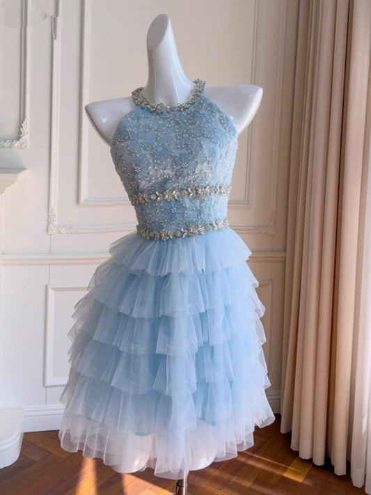 Vestido de fiesta de tul azul cielo claro con escote joya, corte A, corte en A, para 8.º grado, para regreso a casa, corto, para estudiantes de secundaria, para cumpleaños número 18, vestido de graduación, Hoco Dresses DH2199