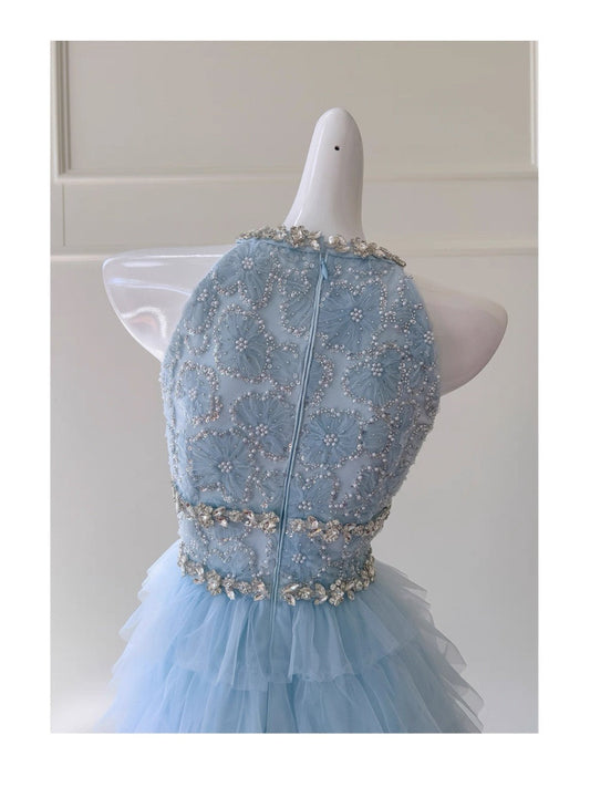 Vestido de fiesta de tul azul cielo claro con escote joya, corte A, corte en A, para 8.º grado, para regreso a casa, corto, para estudiantes de secundaria, para cumpleaños número 18, vestido de graduación, Hoco Dresses DH2199
