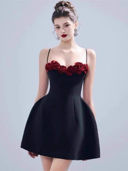 Vestido corto de satén negro con tirantes finos, corte A, para cóctel, graduación, Hoco, DH2203