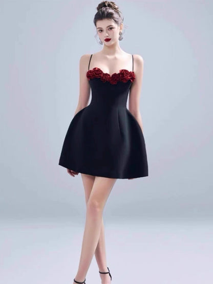 Vestido corto de satén negro con tirantes finos, corte A, para cóctel, graduación, Hoco, DH2203
