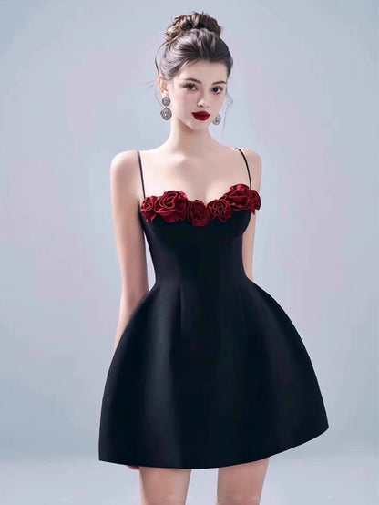 Vestido corto de satén negro con tirantes finos, corte A, para cóctel, graduación, Hoco, DH2203