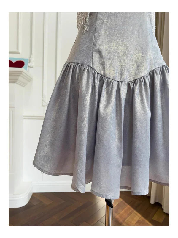 Grey A Line Spaghetti Strap Beaded Satin Short Homecoming Dress Cocktail Dress SH3870