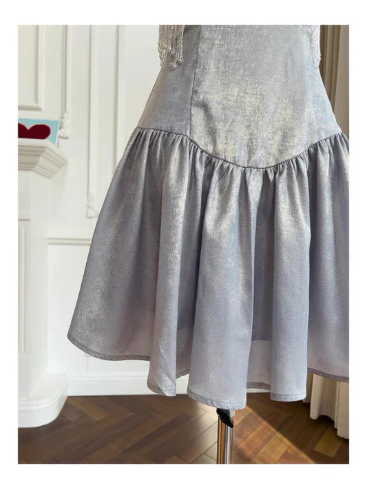 Grey A Line Spaghetti Strap Beaded Satin Short Homecoming Dress Cocktail Dress SH3870