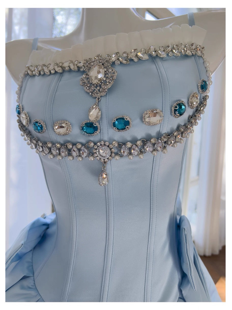 Vestido de fiesta corto con tirantes finos de satén azul, vestido formal para fiesta de bienvenida, para graduación, cumpleaños de 20 años, cóctel, DH2207