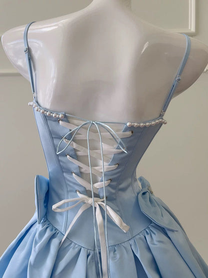 Vestido de fiesta corto con tirantes finos de satén azul, vestido formal para fiesta de bienvenida, para graduación, cumpleaños de 20 años, cóctel, DH2207
